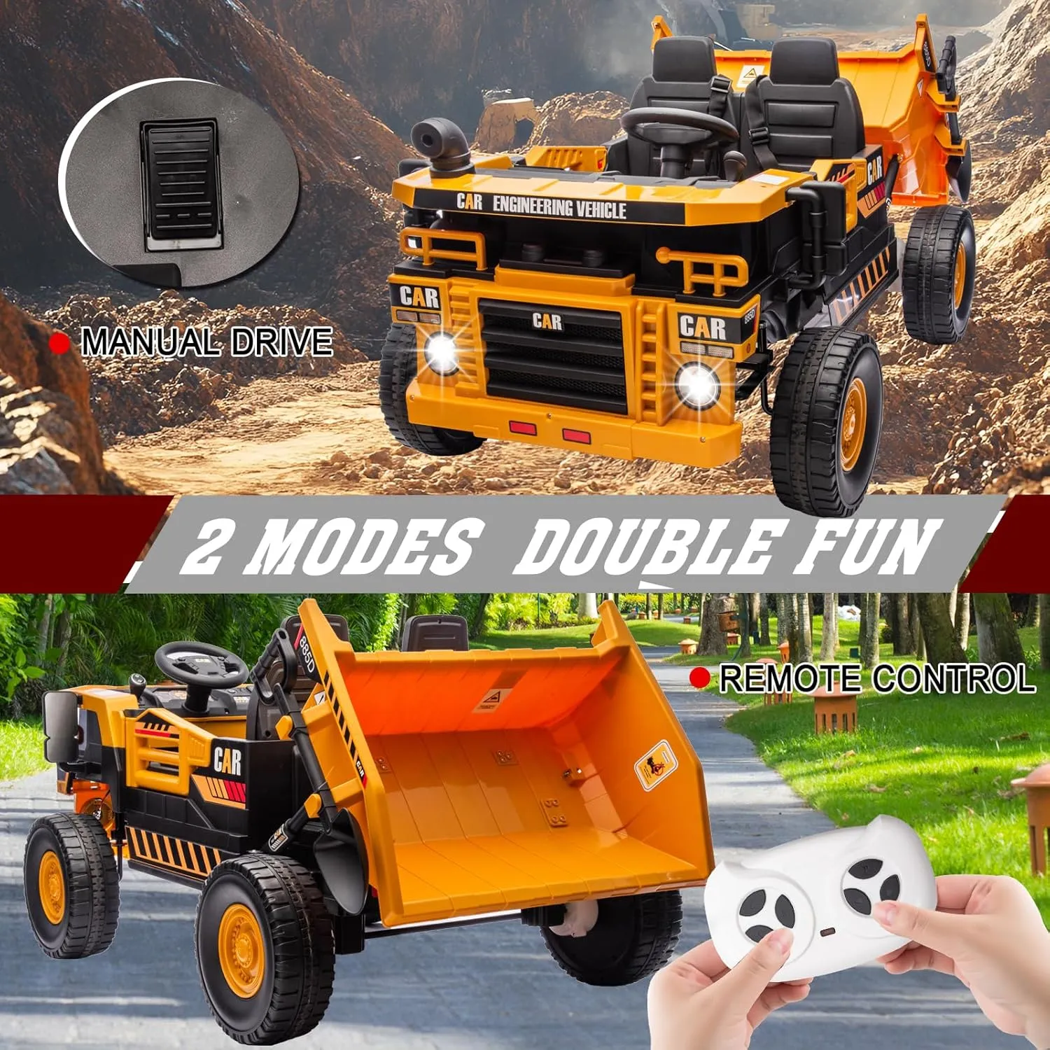 POSTACK XL 24V Ride on Dump Truck Toy, Ride on Construction Vehicles w/Electric Dump Bed, 4WD Kids Electric Car with Remote Control and Shovel, 4x70W Powerful Motors, Yellow