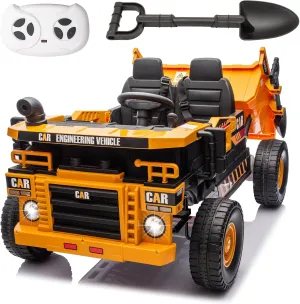 POSTACK XL 24V Ride on Dump Truck Toy, Ride on Construction Vehicles w/Electric Dump Bed, 4WD Kids Electric Car with Remote Control and Shovel, 4x70W Powerful Motors, Yellow