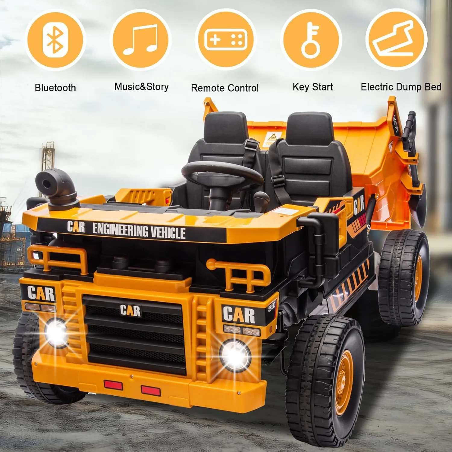 POSTACK XL 24V Ride on Dump Truck Toy, Ride on Construction Vehicles w/Electric Dump Bed, 4WD Kids Electric Car with Remote Control and Shovel, 4x70W Powerful Motors, Yellow