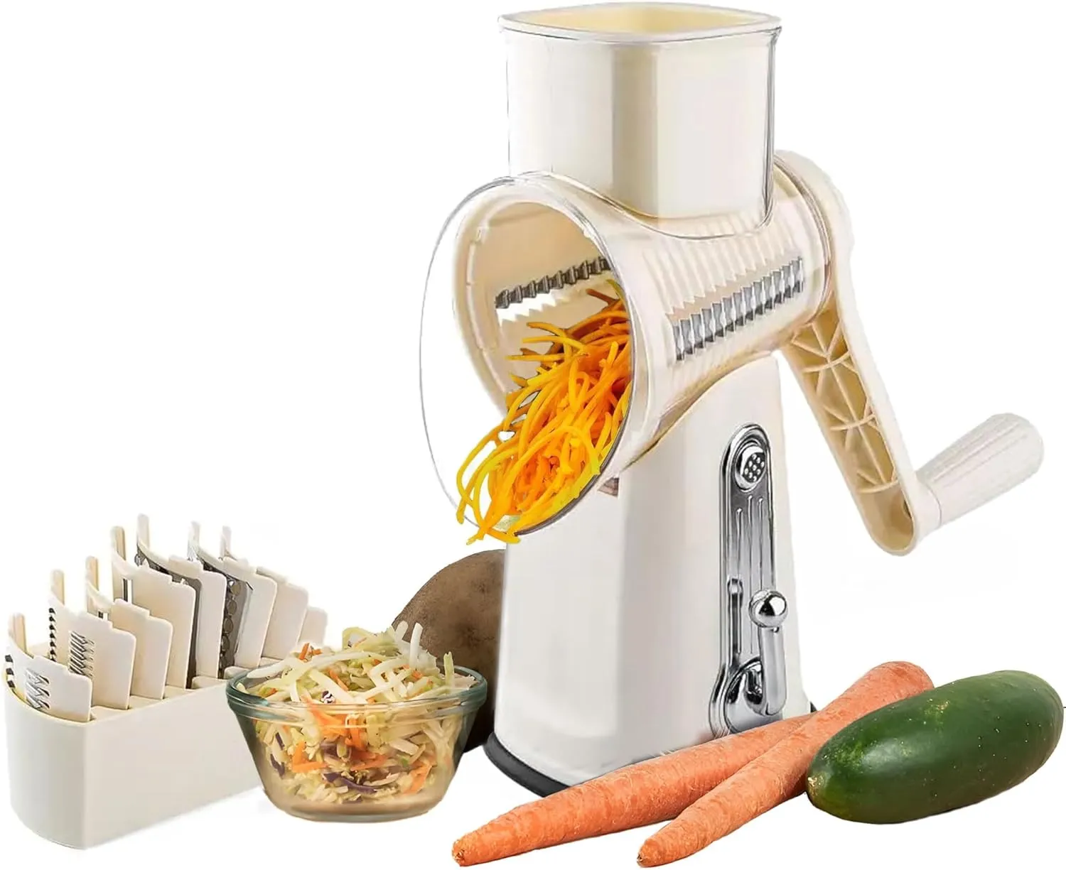Premium Quality 5 in 1 Cheese Grater Hand Crank - Stainless Steel Rotary Cheese Grater for Effortless Grating - Durable and Ergonomic Design for Professional and Home Use (Beige)