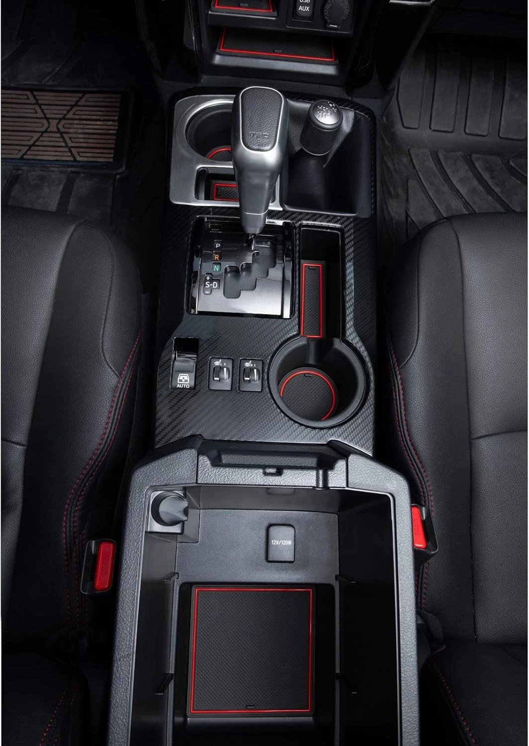 Premium Cup Holder, Console, and Door Pocket Inserts Kit Compatible with Toyota 4Runner Accessories 2010-2024 (2 Row, Red Trim)-27PC Set