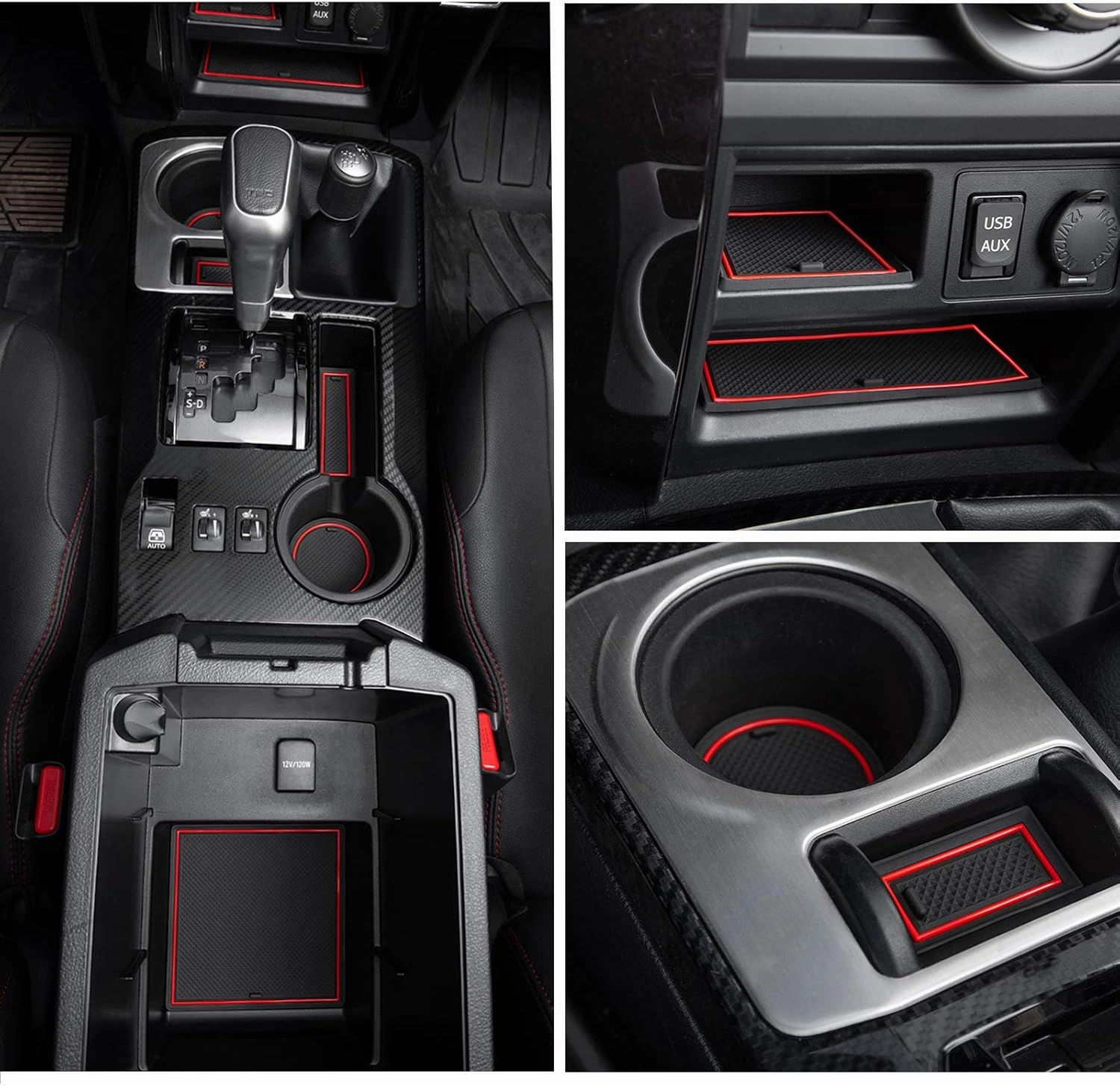 Premium Cup Holder, Console, and Door Pocket Inserts Kit Compatible with Toyota 4Runner Accessories 2010-2024 (2 Row, Red Trim)-27PC Set