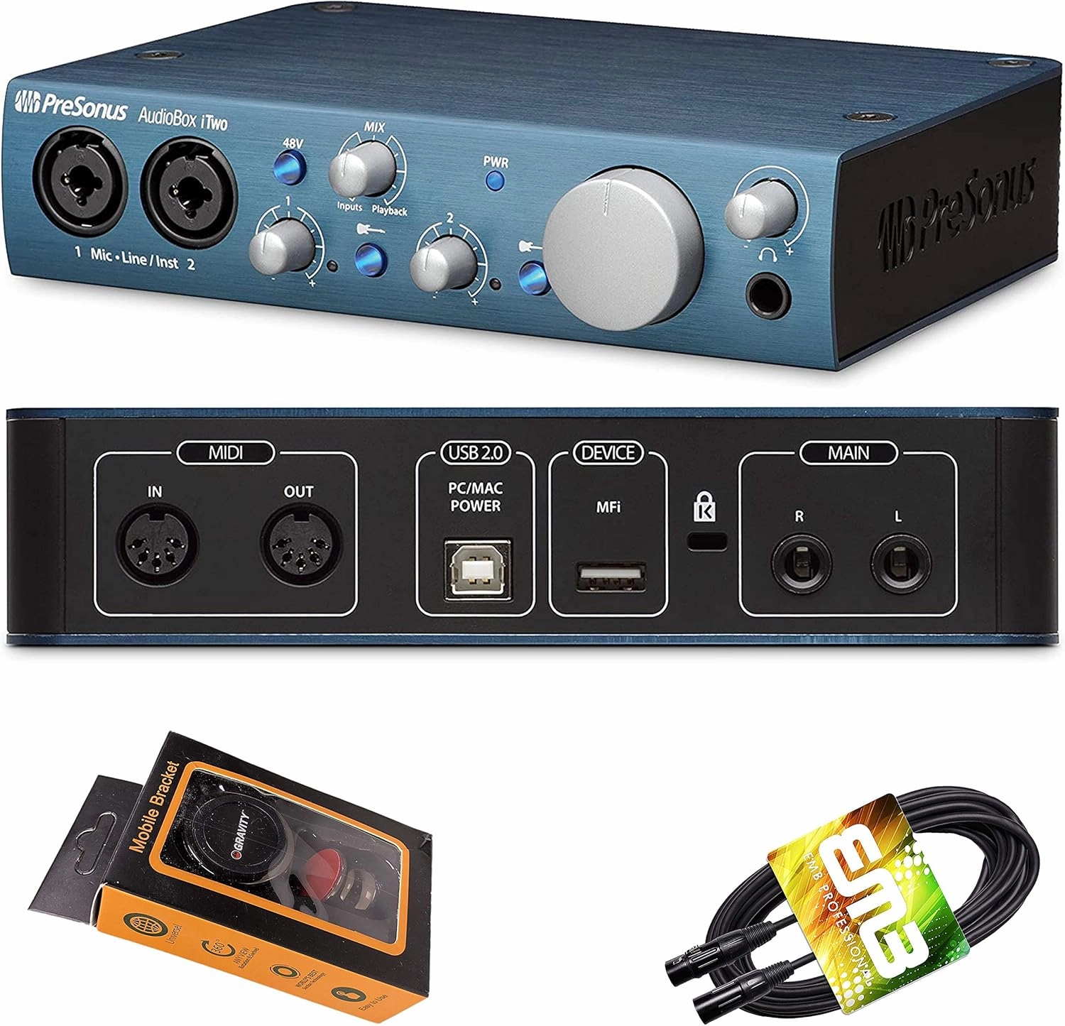 PreSonus AudioBox iTwo USB Audio Interface 2-in/2-out with 2 x XLR/TRS Combo Inputs, Studio One Artist DAW Software, Studio Magic Suite with Gravity Phone Holder and EMB XLR Cable PK1 Bundle