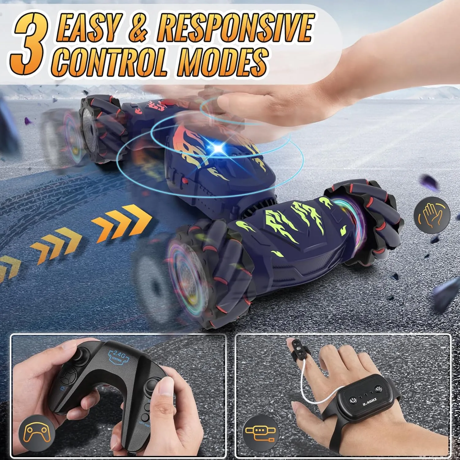Pristar RC Cars, Gesture Sensing RC Stunt Car Toys for Boys Girls 6-12, 2.4Ghz 4WD Remote Stunt Car with Spray Lights Music 360° Rotate Fast Off-Road Transform, Birthday Xmas Gifts for Kids Age 6-12