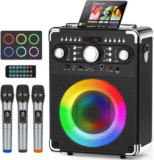 Pro Audio Certified Karaoke Machine with 3 Mics, Portable Bluetooth 5.3 Party Speaker 24H Playtime w/DJ Light & Bass Boost, All-in-1 Home Entertainment System for Adults/Kids, Indoor/Outdoor Gathering