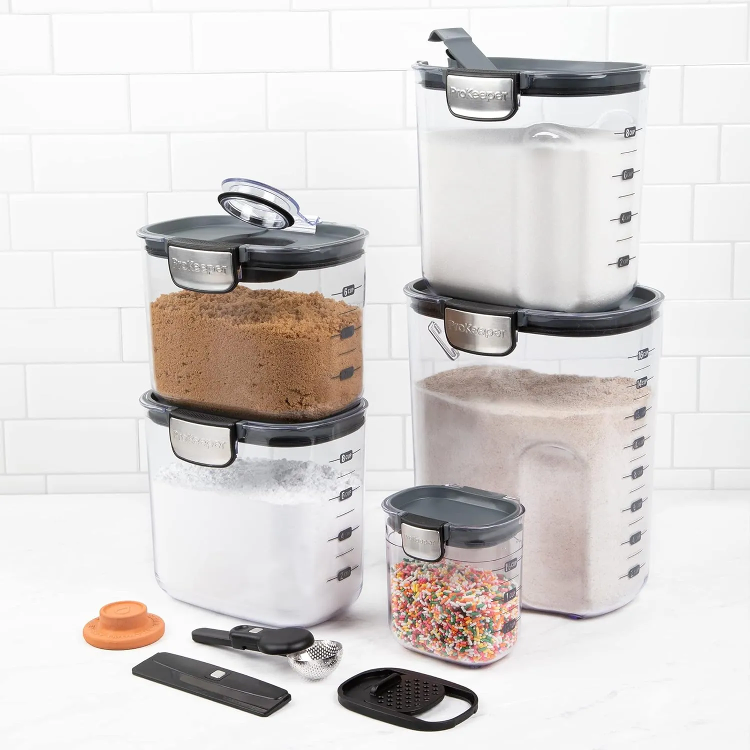 ProKeeper  9-Piece Airtight Food Storage Container Set – Clear Plastic Flour and Sugar Canister Set with Magnetic Accessories for Kitchen Organization