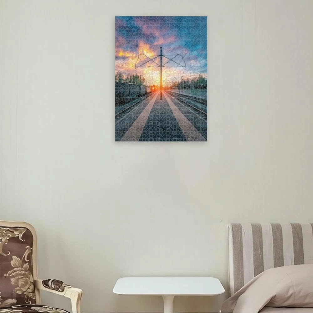 Puzzles for Adults 1000 Pieces Jigsaw Puzzles with Letters on Back Cargo Train Platform at Sunset Railroad Ukraine Railway Station Difficult Hard Cool Puzzle 1000 Piece Puzzle Clearance