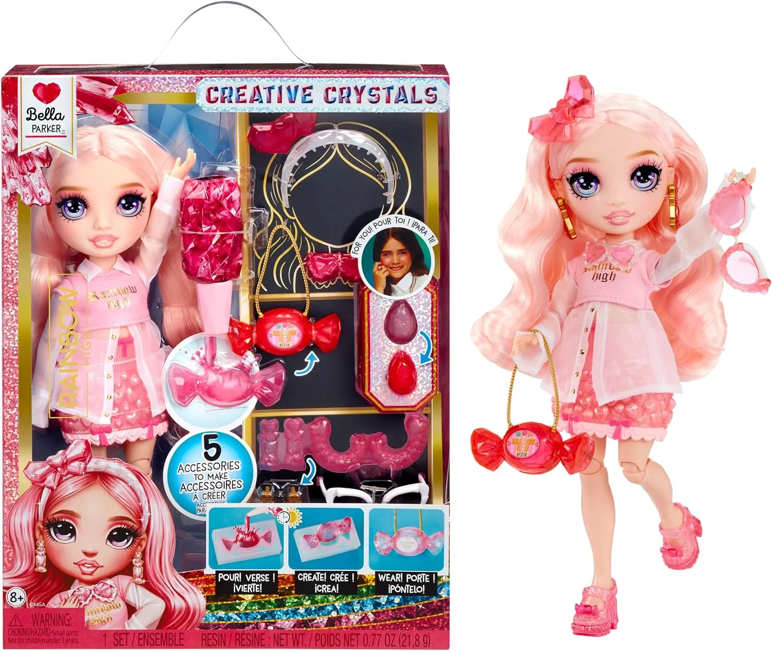 Rainbow High Creative Crystals Bella - Pink 11” Fashion Doll with Crystal Accessory Make It Kit, Ring for You, DIY, Crafts, Resin Play, Kids Gift 8 