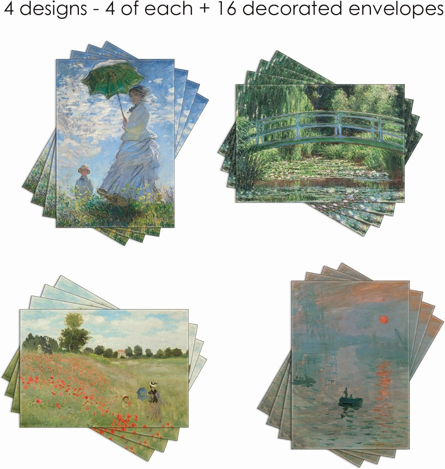 RainCaper Fine Art Keepsake 5x7 Blank Stationery Monet Greeting Note Cards With Decorative Envelopes, Gift Boxed Set of 16 | 300 GSM Cardstock (Monet Favorites)