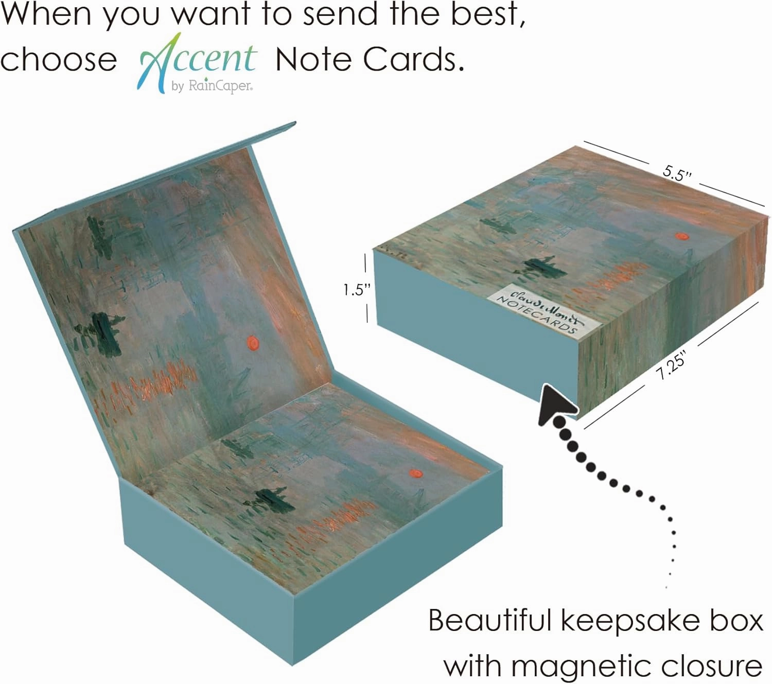 RainCaper Fine Art Keepsake 5x7 Blank Stationery Monet Greeting Note Cards With Decorative Envelopes, Gift Boxed Set of 16 | 300 GSM Cardstock (Monet Favorites)
