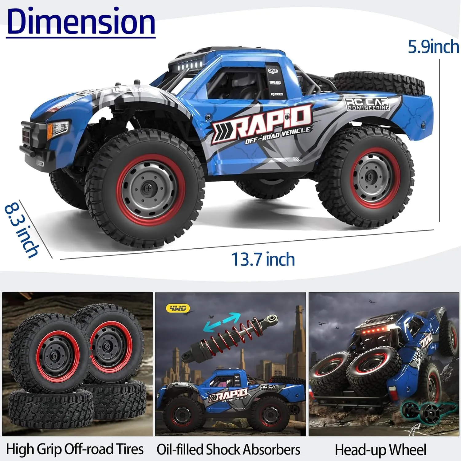 RC Cars 1:14 RC Truck 30 MPH 4WD Remote Control Car All Terrain Trophy Car for Adults Boys Toys Fast Off-Road RC Buggy Big Short Course Monster Truck with 2 Batteries (RTR)