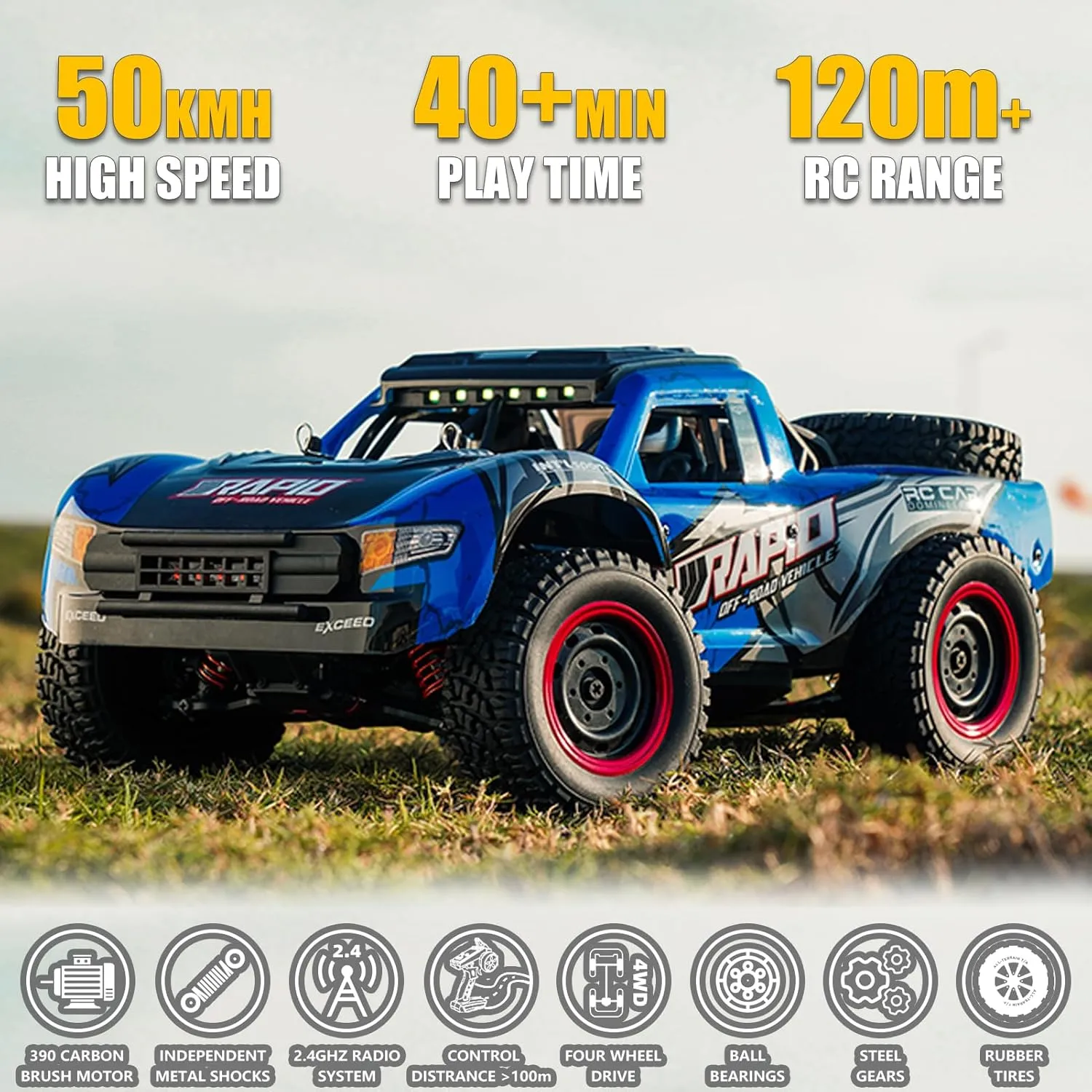 RC Cars 1:14 RC Truck 30 MPH 4WD Remote Control Car All Terrain Trophy Car for Adults Boys Toys Fast Off-Road RC Buggy Big Short Course Monster Truck with 2 Batteries (RTR)