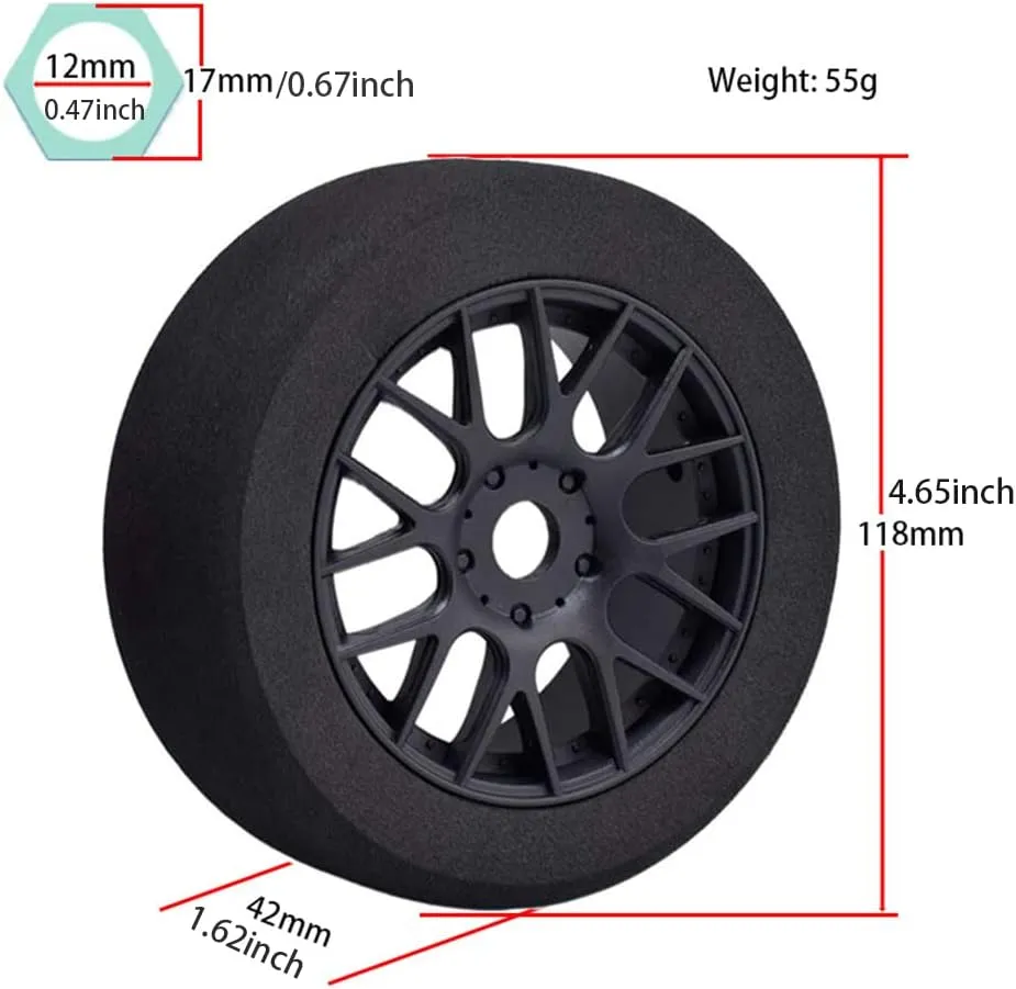 RC Wheels and Tires, 4Pcs 1/8 Off-Road EVA Foam Tires 17mm Hex Hubs Wheels Rim for Kyosho HSP HPI RC Racing Toy Car Trucks Crawlers, 1/8 RC Car Parts and Accessories