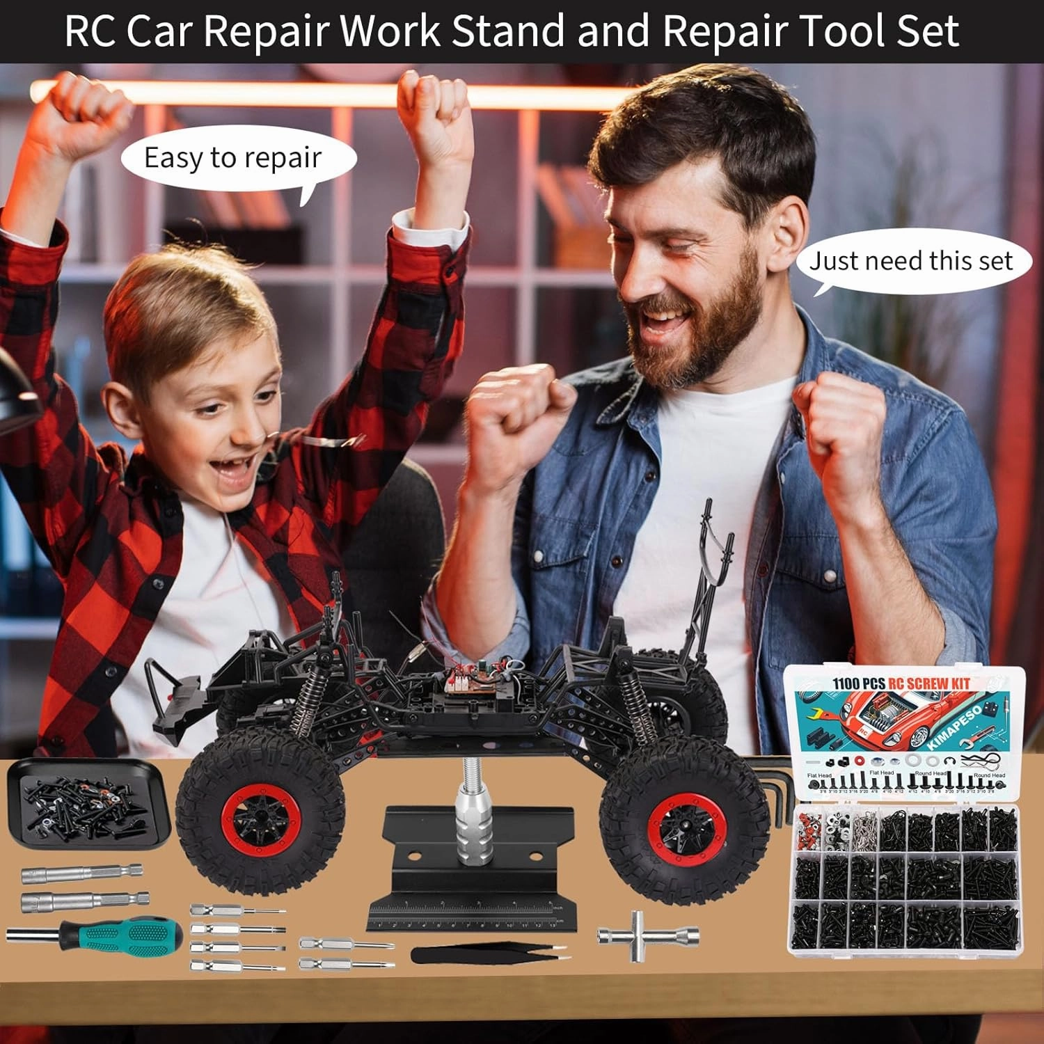 RC Car Repair Work Stand, 1100pcs RC Screw Kit and RC Screwdrivers Repair Set for Traxxas Axial Redcat Arrma HPI HSP SCX10 RC4WD 1/8 1/10 1/12 1/16 Scale RC Crawler Truck Buggy Car