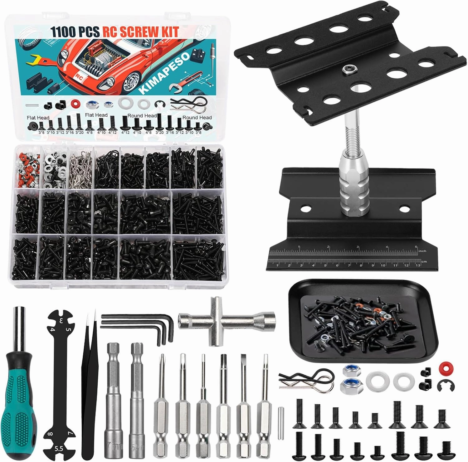 RC Car Repair Work Stand, 1100pcs RC Screw Kit and RC Screwdrivers Repair Set for Traxxas Axial Redcat Arrma HPI HSP SCX10 RC4WD 1/8 1/10 1/12 1/16 Scale RC Crawler Truck Buggy Car