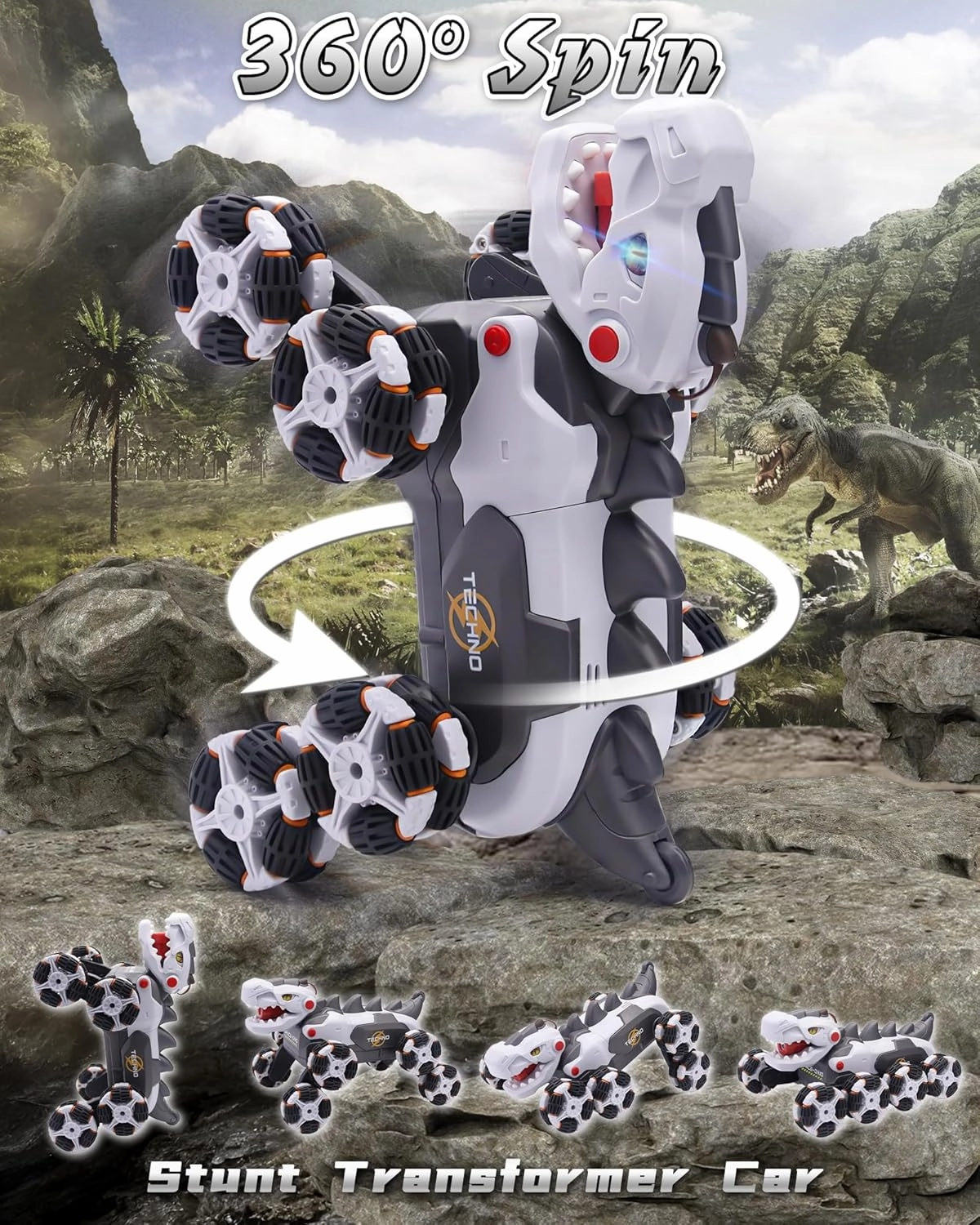 RC Car Toys for Boys 7 8 12, Remote Control Car Dinosaur Change with Spray, 2.4 GHz RC Car Monster Truck Stunt Car Vehicle, Remote Control Car Dinosaur Toys Gifts for Kids, White