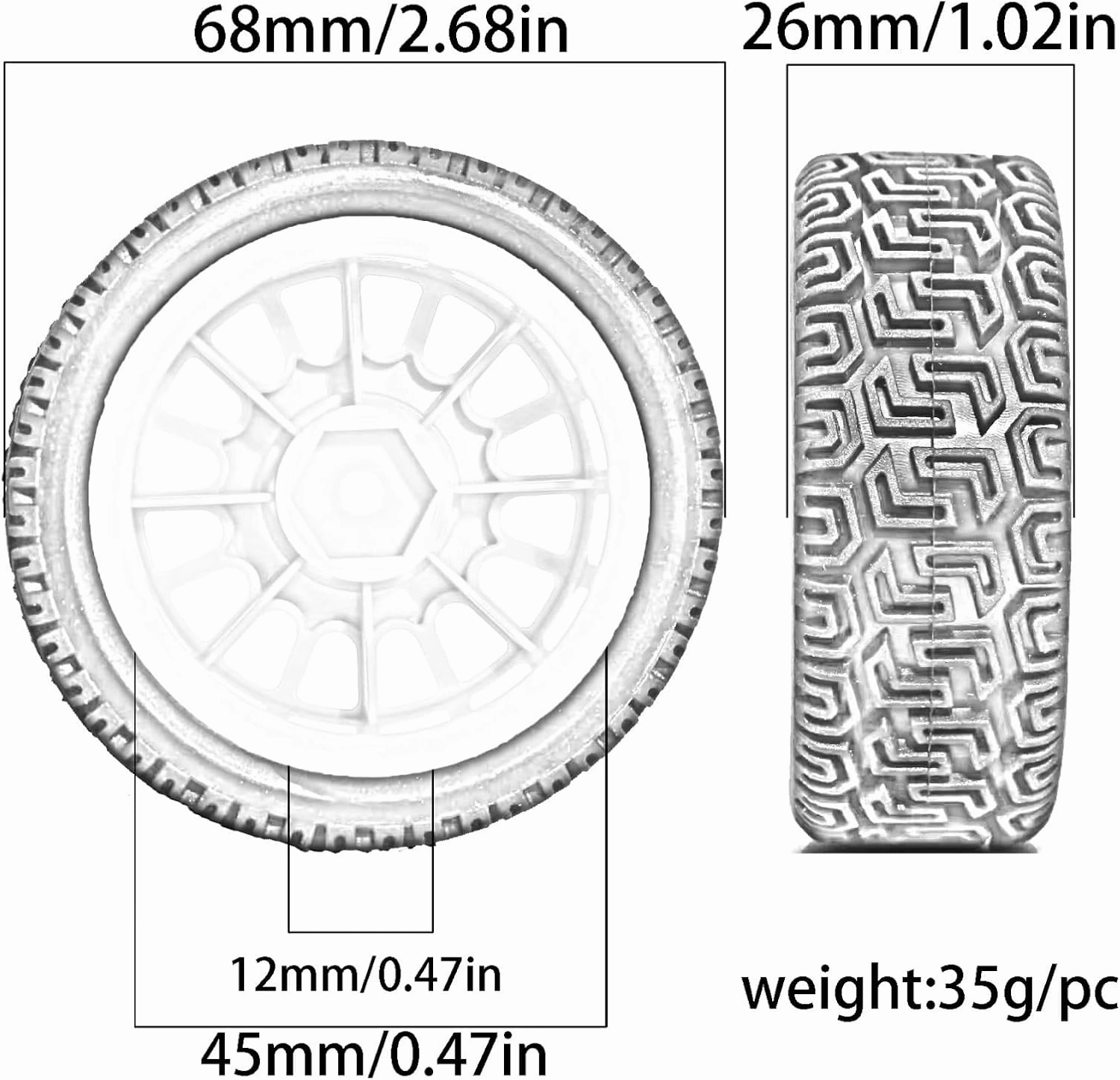Rc Car Wheel Rim Tire Compatible with Tamiya XV01 XV02 for TT01 for TT02 1/10 RC for Rally for Racing Car Parts 68mm for Rally Tires Rubber Tire Wheel Tyre(Gray)