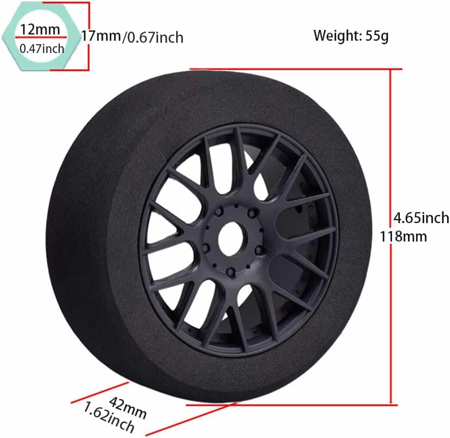 RC Wheels and Tires, 4Pcs 1/8 Off-Road EVA Foam Tires 17mm Hex Hubs Wheels Rim for Kyosho HSP HPI RC Racing Toy Car Trucks Crawlers, 1/8 RC Car Parts and Accessories