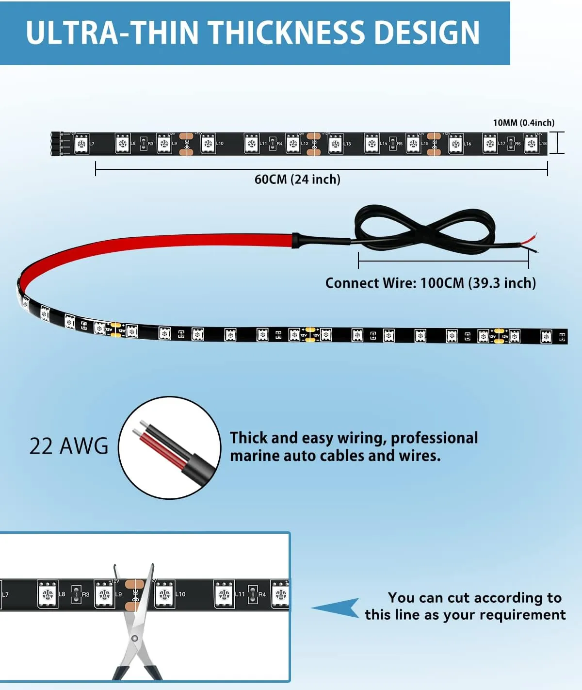 Red Led Strip Lights 24" Connectable 12V Led Light Strip for Cars Golf Cart Boat Marine Motorcycle Interior & Exterior Waterproof Car Light Strip, 4Pack