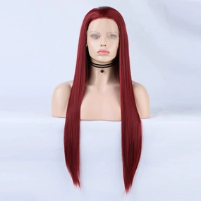 Red Lace Front Wigs Long Straight Synthetic 150% Density with Heat Resistant 13 x 4 Lace Burgundy Lace Wig 24in