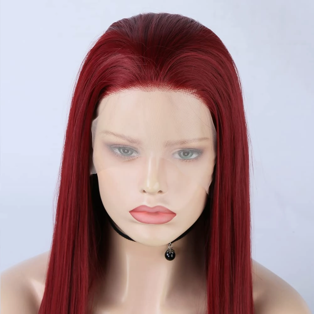 Red Lace Front Wigs Long Straight Synthetic 150% Density with Heat Resistant 13 x 4 Lace Burgundy Lace Wig 24in