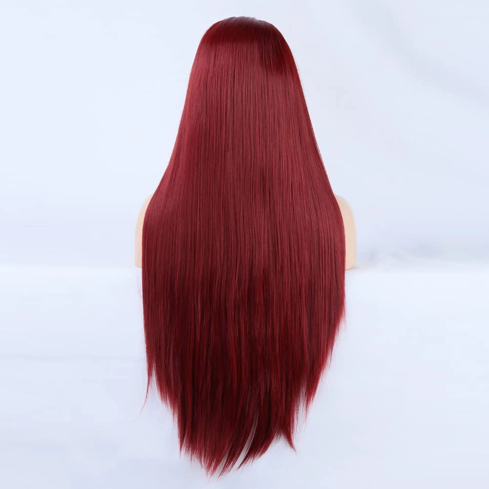 Red Lace Front Wigs Long Straight Synthetic 150% Density with Heat Resistant 13 x 4 Lace Burgundy Lace Wig 24in