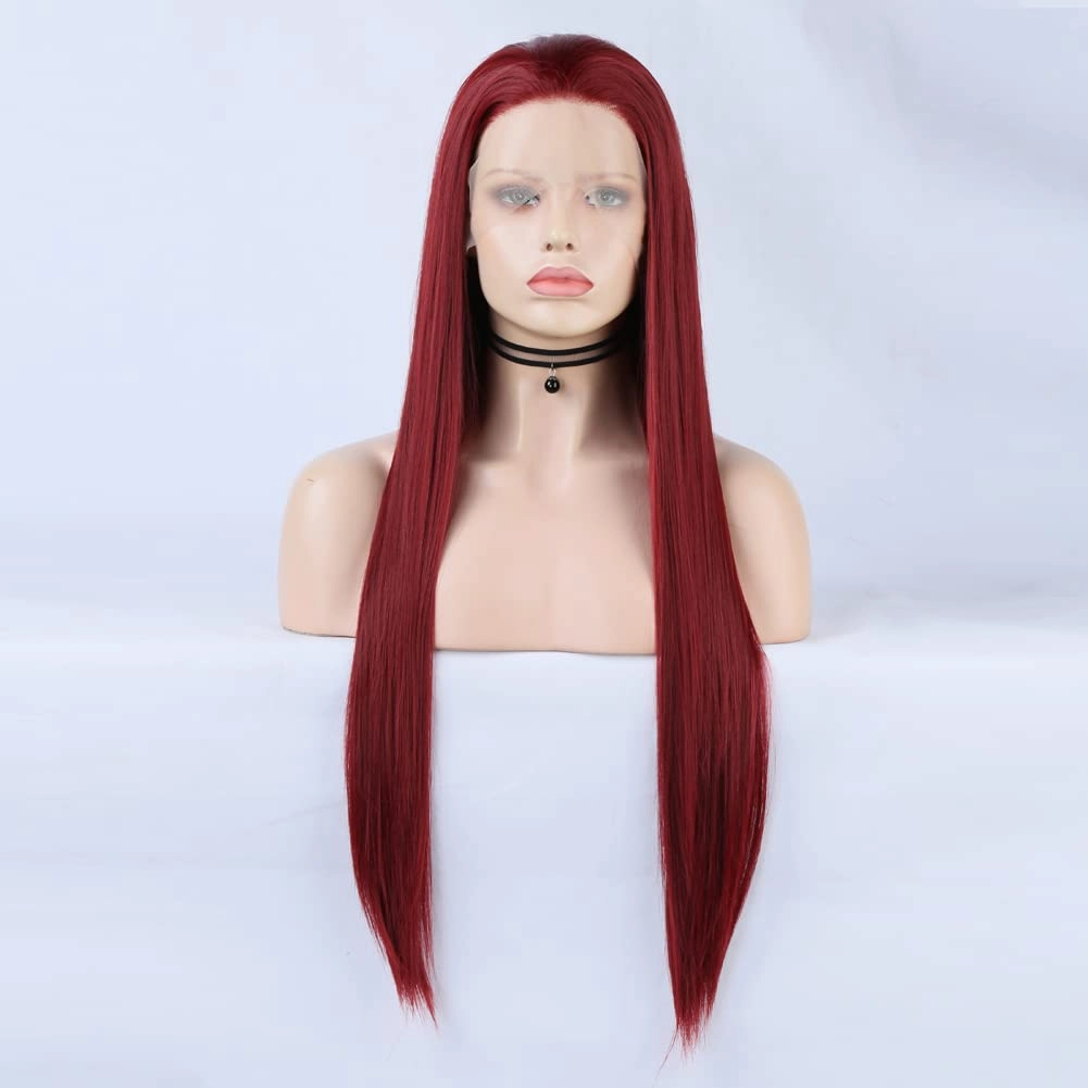 Red Lace Front Wigs Long Straight Synthetic 150% Density with Heat Resistant 13 x 4 Lace Burgundy Lace Wig 24in