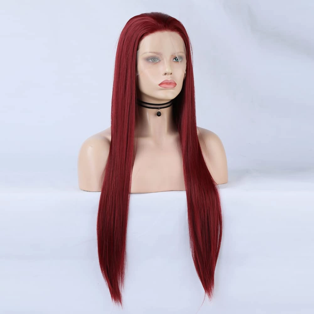 Red Lace Front Wigs Long Straight Synthetic 150% Density with Heat Resistant 13 x 4 Lace Burgundy Lace Wig 24in