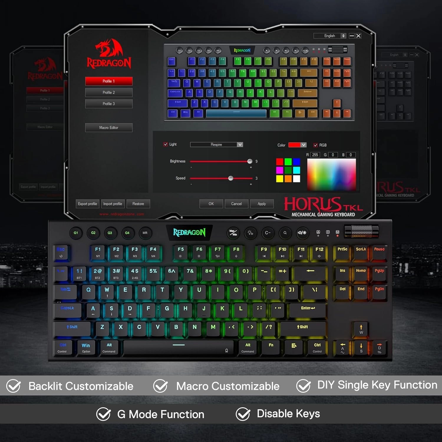 Redragon K621 Horus TKL Wireless RGB Mechanical Keyboard, 5.0 BT/2.4 Ghz/Wired Three Modes 80% Ultra-Thin Low Profile BT Keyboard w/Dedicated Media Control & Linear Red Switches, Black