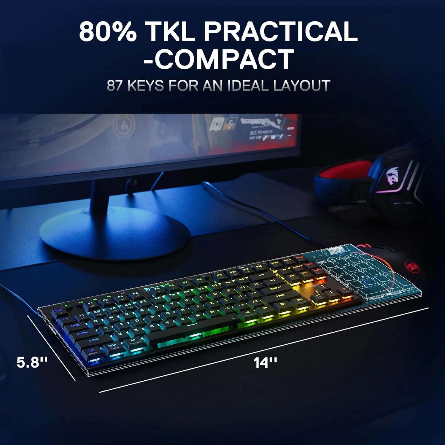 Redragon K621 Horus TKL Wireless RGB Mechanical Keyboard, 5.0 BT/2.4 Ghz/Wired Three Modes 80% Ultra-Thin Low Profile BT Keyboard w/Dedicated Media Control & Linear Red Switches, Black