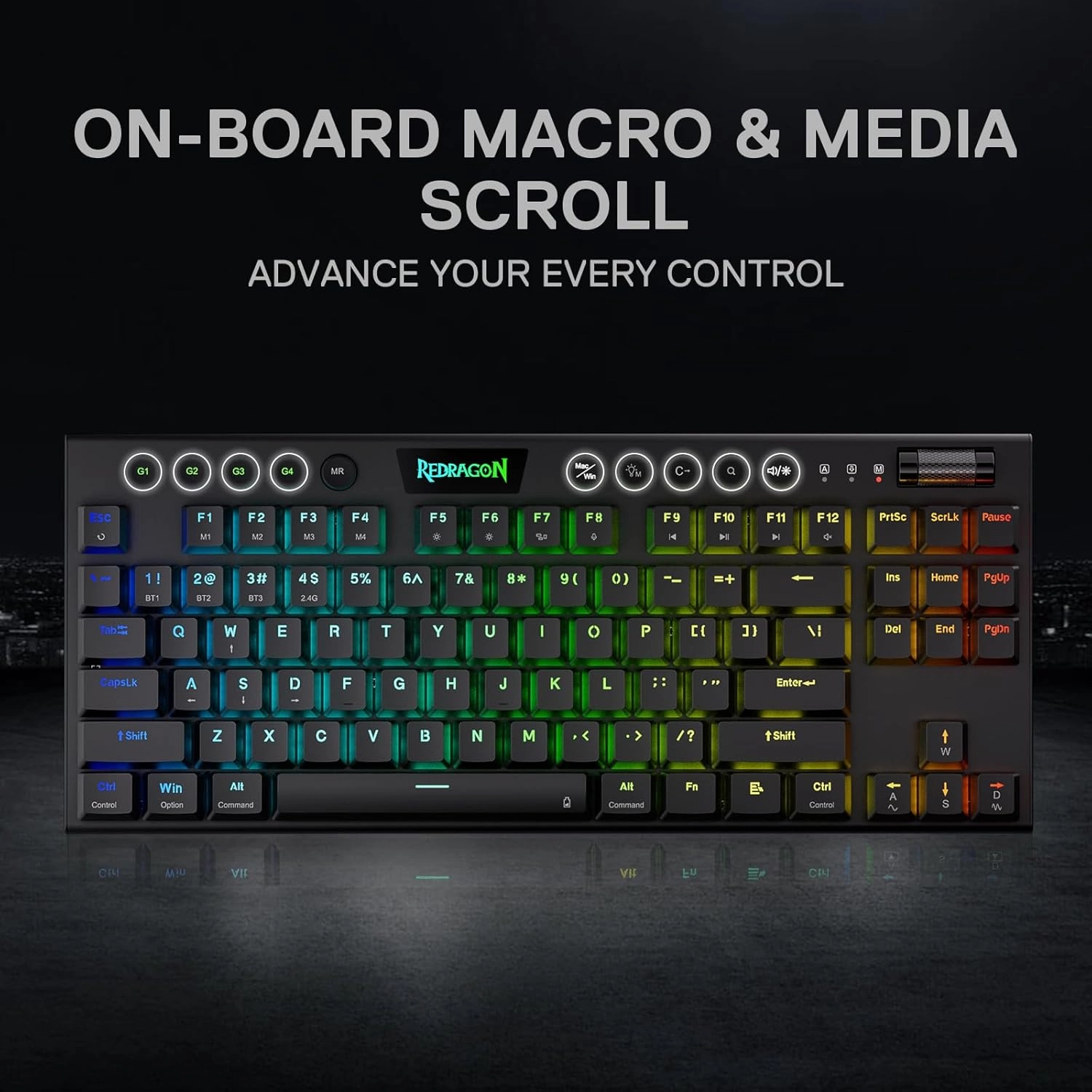 Redragon K621 Horus TKL Wireless RGB Mechanical Keyboard, 5.0 BT/2.4 Ghz/Wired Three Modes 80% Ultra-Thin Low Profile BT Keyboard w/Dedicated Media Control & Linear Red Switches, Black