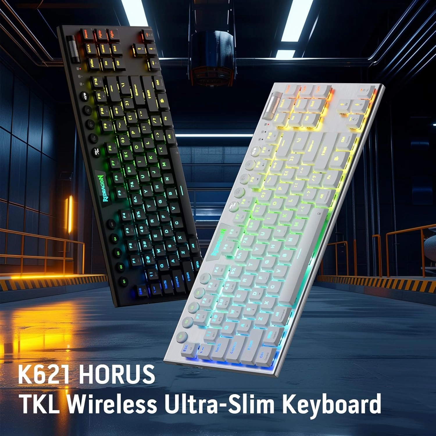 Redragon K621 Horus TKL Wireless RGB Mechanical Keyboard, 5.0 BT/2.4 Ghz/Wired Three Modes 80% Ultra-Thin Low Profile BT Keyboard w/Dedicated Media Control & Linear Red Switches, Black