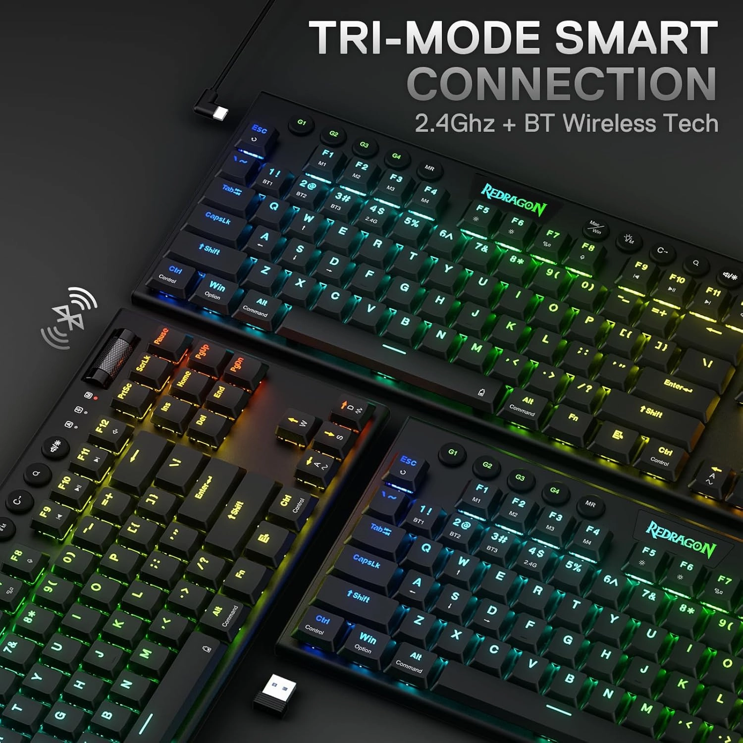 Redragon K621 Horus TKL Wireless RGB Mechanical Keyboard, 5.0 BT/2.4 Ghz/Wired Three Modes 80% Ultra-Thin Low Profile BT Keyboard w/Dedicated Media Control & Linear Red Switches, Black