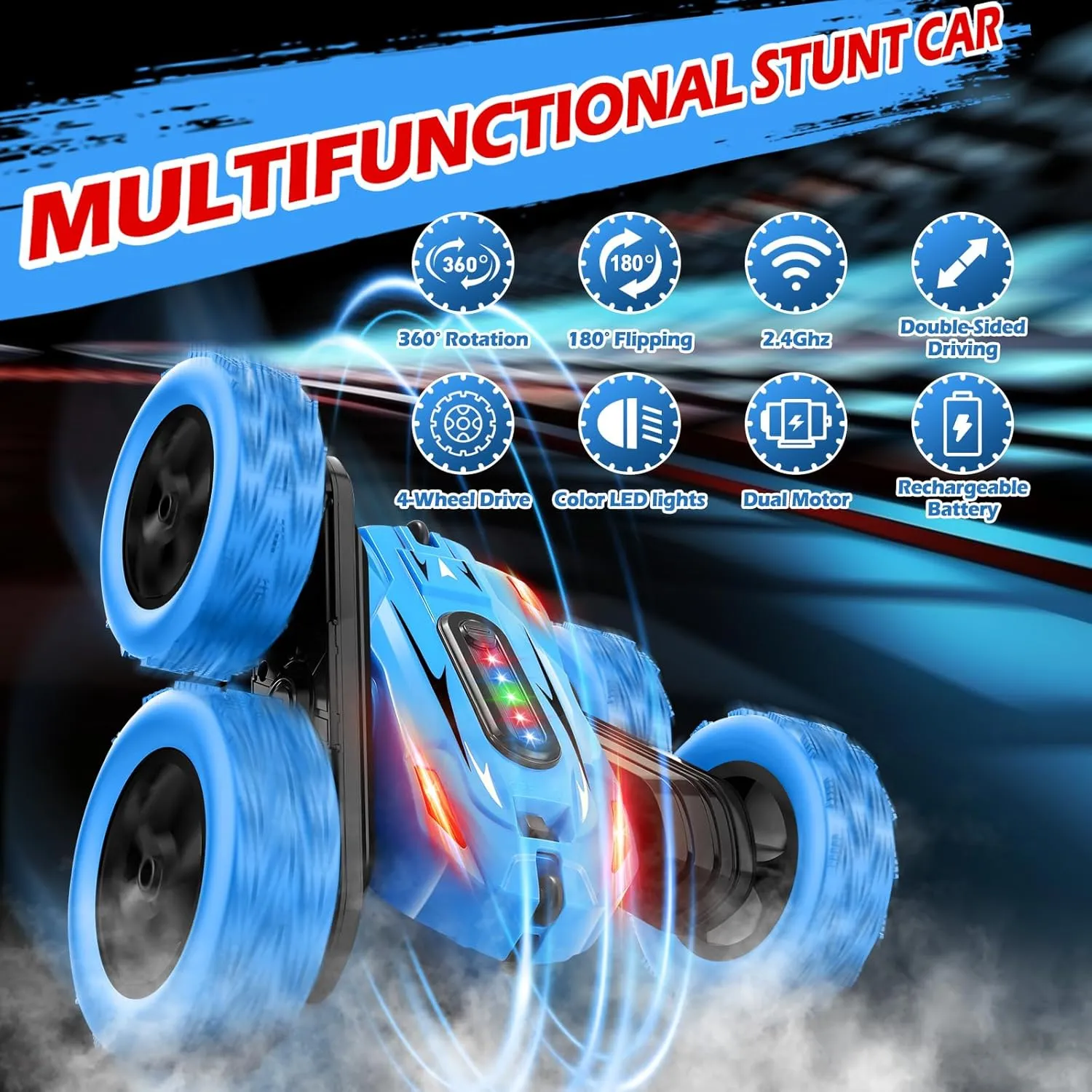 Remote Control Car, 2.4GHz RC Stunt Cars, Double-Sided 360 ° Flipping Rotating RC Cars with Colorful LED Lights, 4WD RC Toy Cars for Boys Age 8-12 and Boys Girls Present (Blue)
