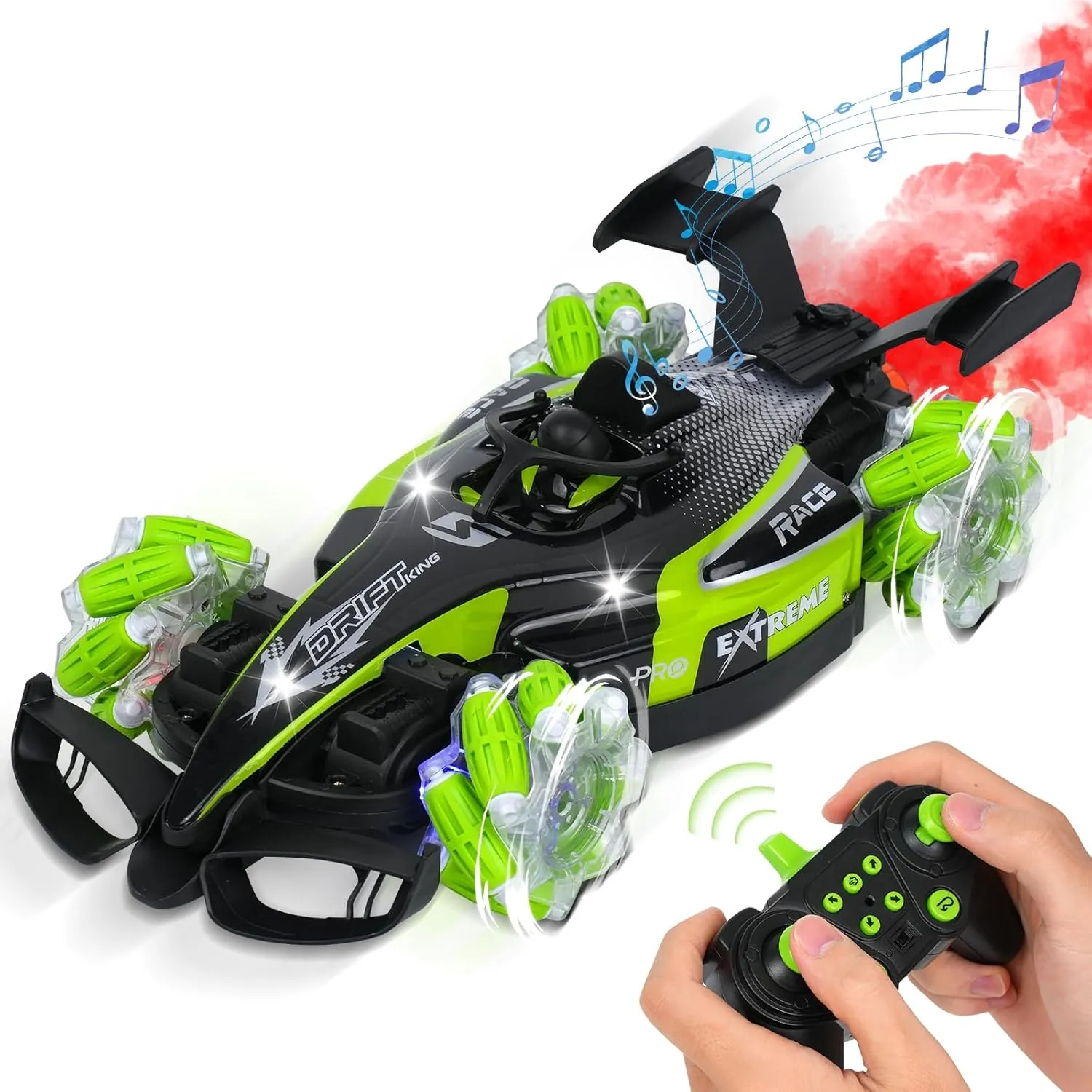 Remote Control Car, 360°Rotation F1 Remote Control Car, 1:12 Scale All-Terrain RC Cars 15  km/h, 2.4GHz with Lights Music & Spray, RC Cars for Kids & Adults (Green #2)