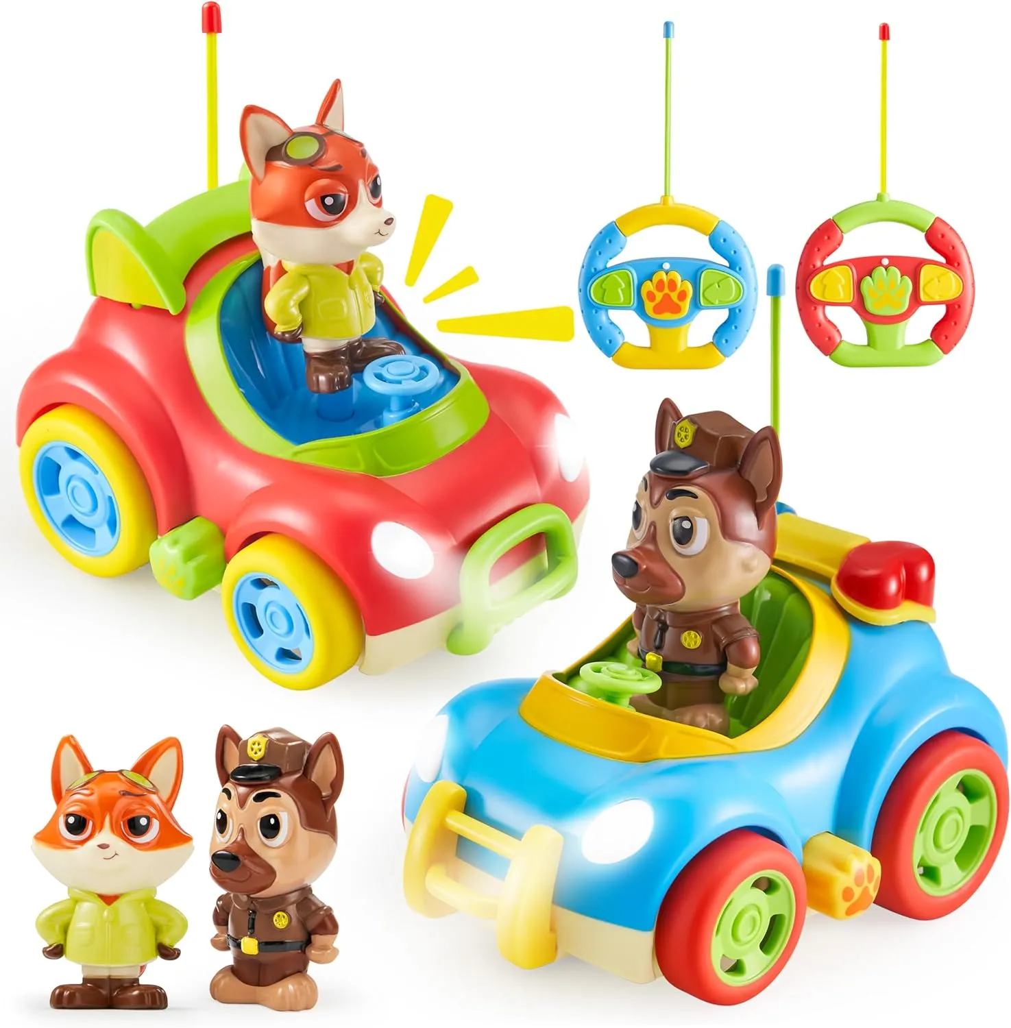 Remote Control Car for Toddlers, 2 Pack RC Cars with Figure Bump & Ejection Play, Kids Cartoon Toys with LED Lights, Music, Volume Control, Christmas Birthday Gift for Boys & Girls
