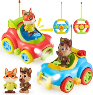 Remote Control Car for Toddlers, 2 Pack RC Cars with Figure Bump & Ejection Play, Kids Cartoon Toys with LED Lights, Music, Volume Control, Christmas Birthday Gift for Boys & Girls