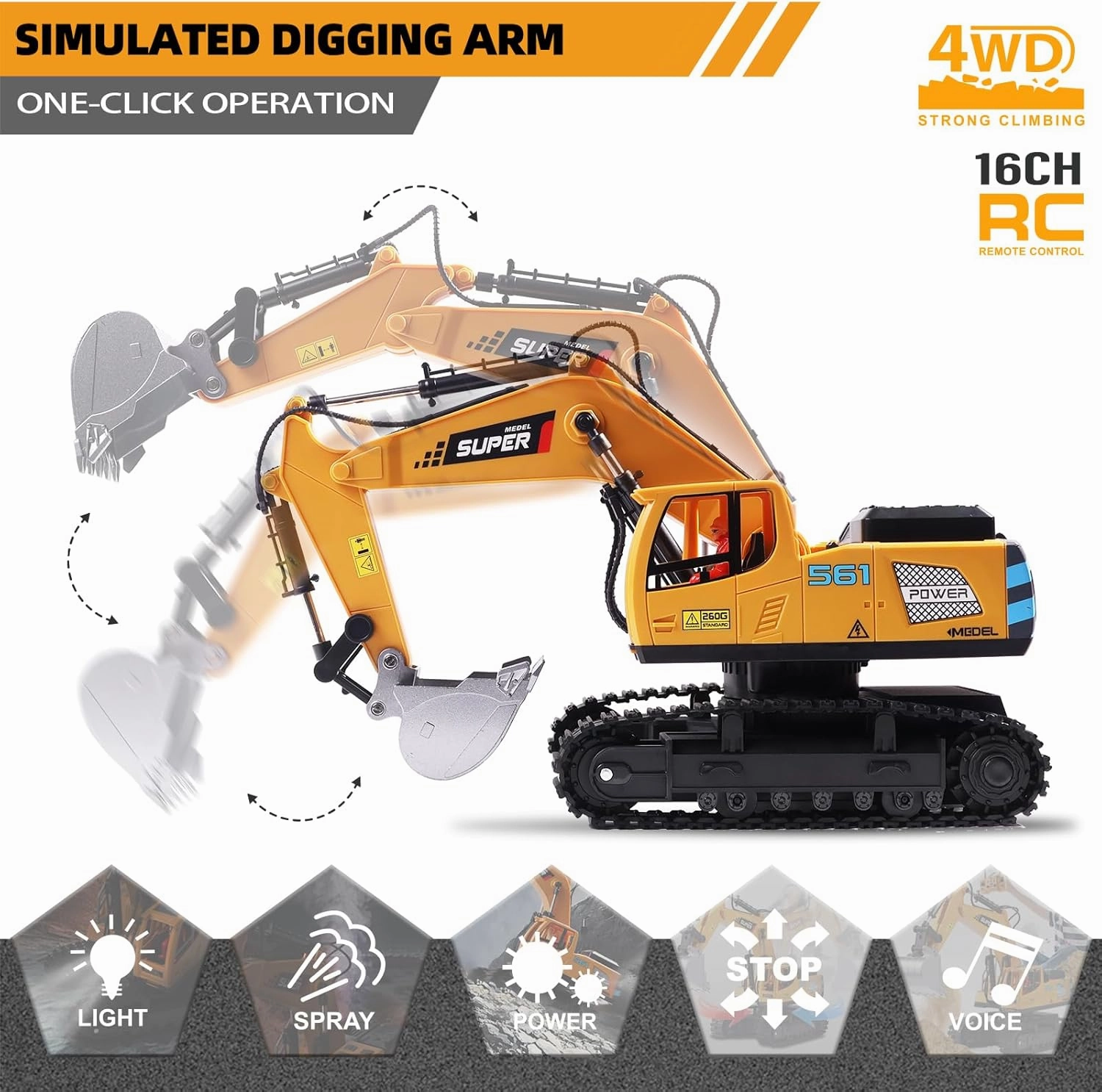 Remote Control Excavator Toys for Boys,16 Channel RC Excavator Construction Toys with Metal Shovel & Light,Simulated Smoke,Christmas Birthday Gift Toy for Boys 3-5 4-7 8-12 Year Old Kids