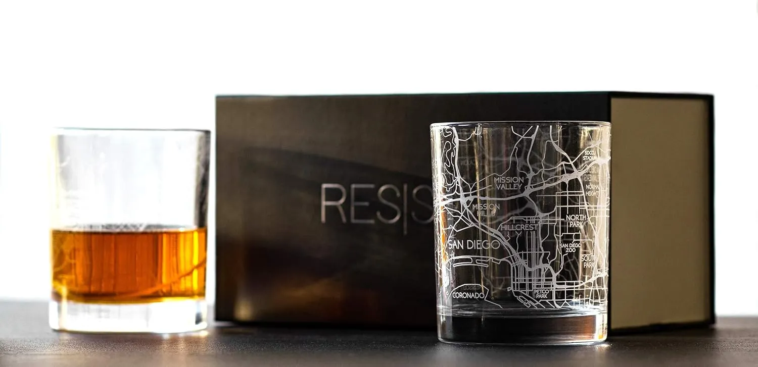 RESSCU San Diego Laser Etched Map Whiskey Glasses, Set of 2 with Gift Box, Unique Gift, City Map Glass