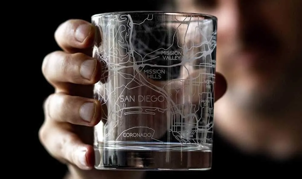 RESSCU San Diego Laser Etched Map Whiskey Glasses, Set of 2 with Gift Box, Unique Gift, City Map Glass