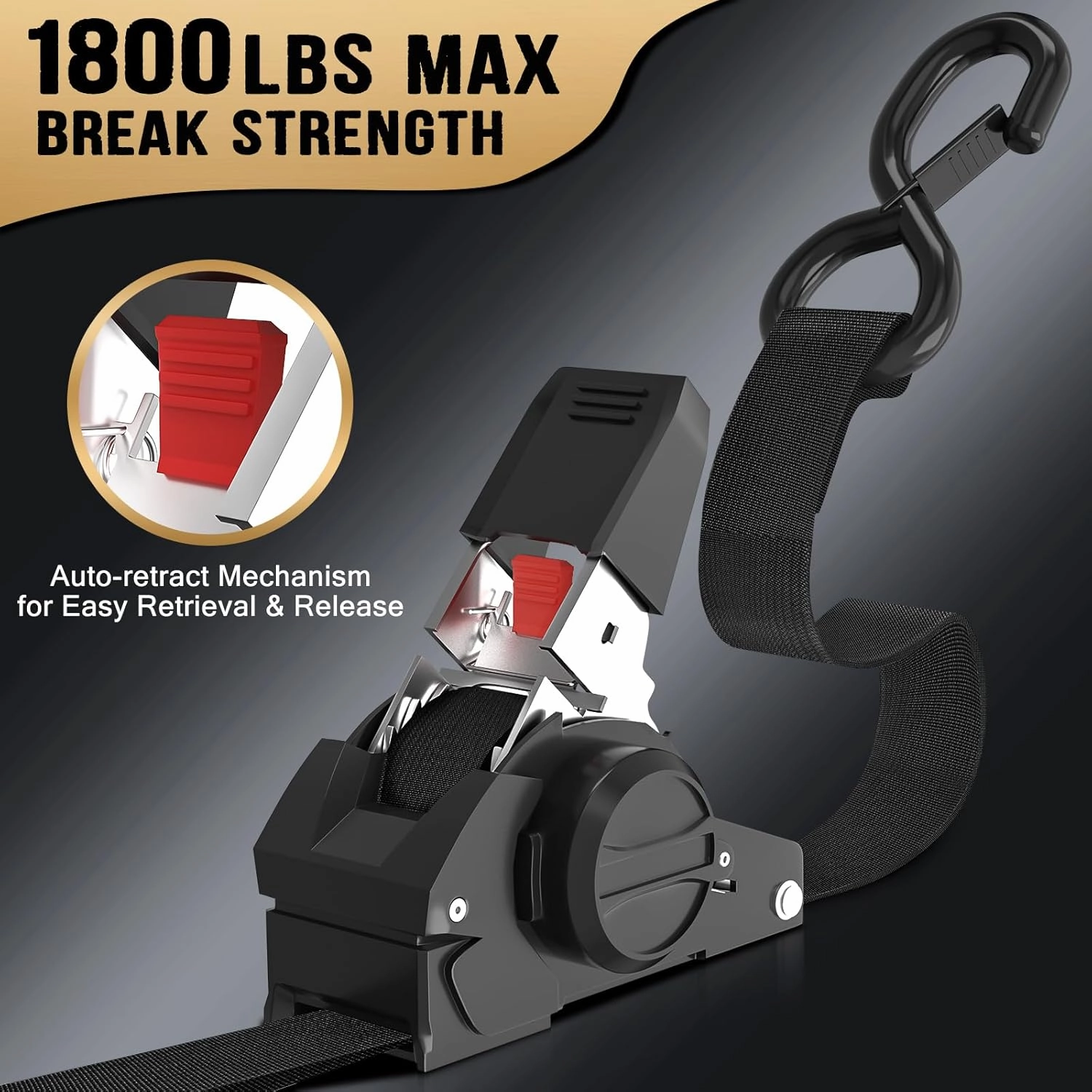 Retractable Ratchet Tie Down Straps - 1 Inch x 10 Feet (1800 LB Break Strength) Heavy Duty Self Retracting Ratchet Straps, for Trucks/ATV/Motorcycle/Cargo/Household（Black/2 Pack）