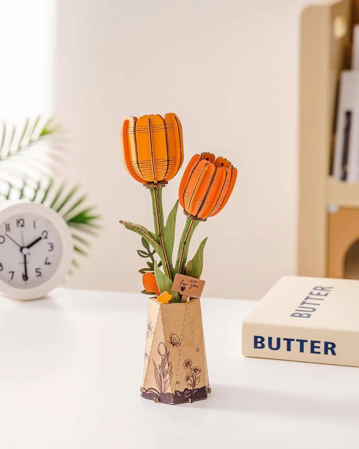 ROBOTIME 3D Puzzle Orange Tulip TW081, DIY Wooden Flower Craft, Artificial Flowers Model Kit to Assemble for Adults, Home Decoration and Valentine's Day Toy Gift Set