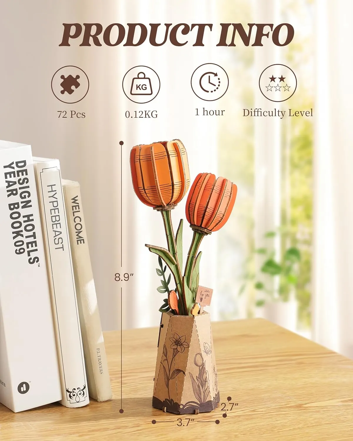ROBOTIME 3D Puzzle Orange Tulip TW081, DIY Wooden Flower Craft, Artificial Flowers Model Kit to Assemble for Adults, Home Decoration and Valentine's Day Toy Gift Set