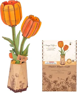 ROBOTIME 3D Puzzle Orange Tulip TW081, DIY Wooden Flower Craft, Artificial Flowers Model Kit to Assemble for Adults, Home Decoration and Valentine's Day Toy Gift Set