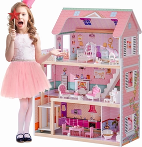 ROBOTIME Wooden Dollhouse, Doll Houses Playset with 24 Pcs Furniture for 4, 5, 6-Inch Dolls, Dollhouse Gift for 3  Year Old Girls (Pink)