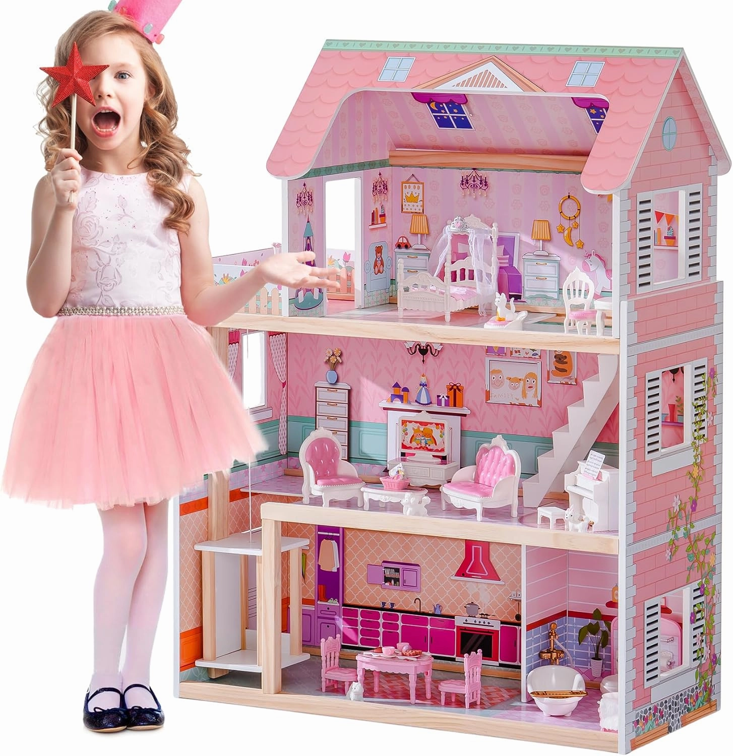 ROBOTIME Wooden Dollhouse, Doll Houses Playset with 24 Pcs Furniture for 4, 5, 6-Inch Dolls, Dollhouse Gift for 3  Year Old Girls (Pink)