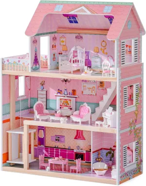 ROBUD Wooden Dollhouse, Doll House Playset with 24-pcs Exquisite Accessories, Working Elevator, Gift for Ages 3 