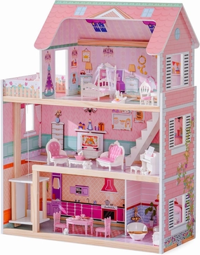 ROBUD Wooden Dollhouse, Doll House Playset with 24-pcs Exquisite Accessories, Working Elevator, Gift for Ages 3 