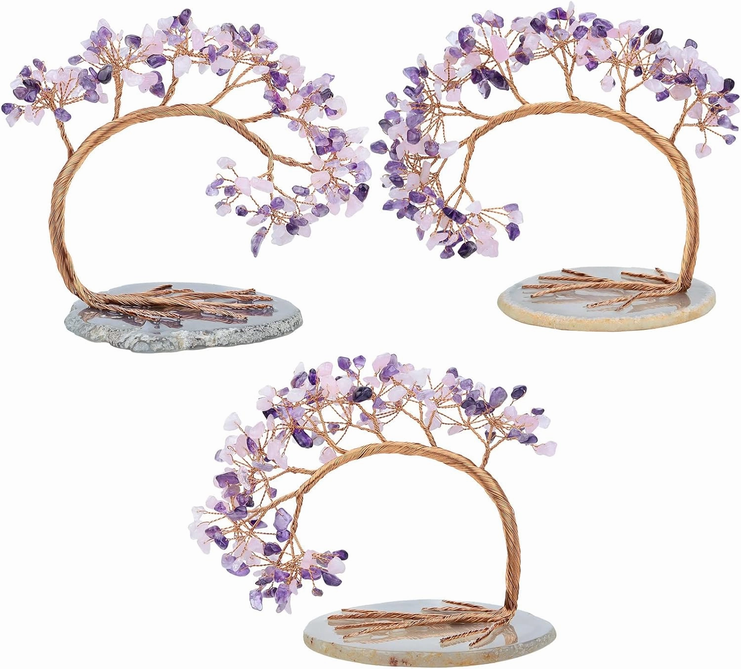 rockcloud Handmade 4.5-5.2'' Crystal Money Tree with Agate Slice Base Tumbled Stones Feng Shui Bonsai Home Office Decor for Luck and Wealth, Amethyst and Rose Quartz