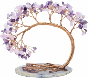 rockcloud Handmade 4.5-5.2'' Crystal Money Tree with Agate Slice Base Tumbled Stones Feng Shui Bonsai Home Office Decor for Luck and Wealth, Amethyst and Rose Quartz